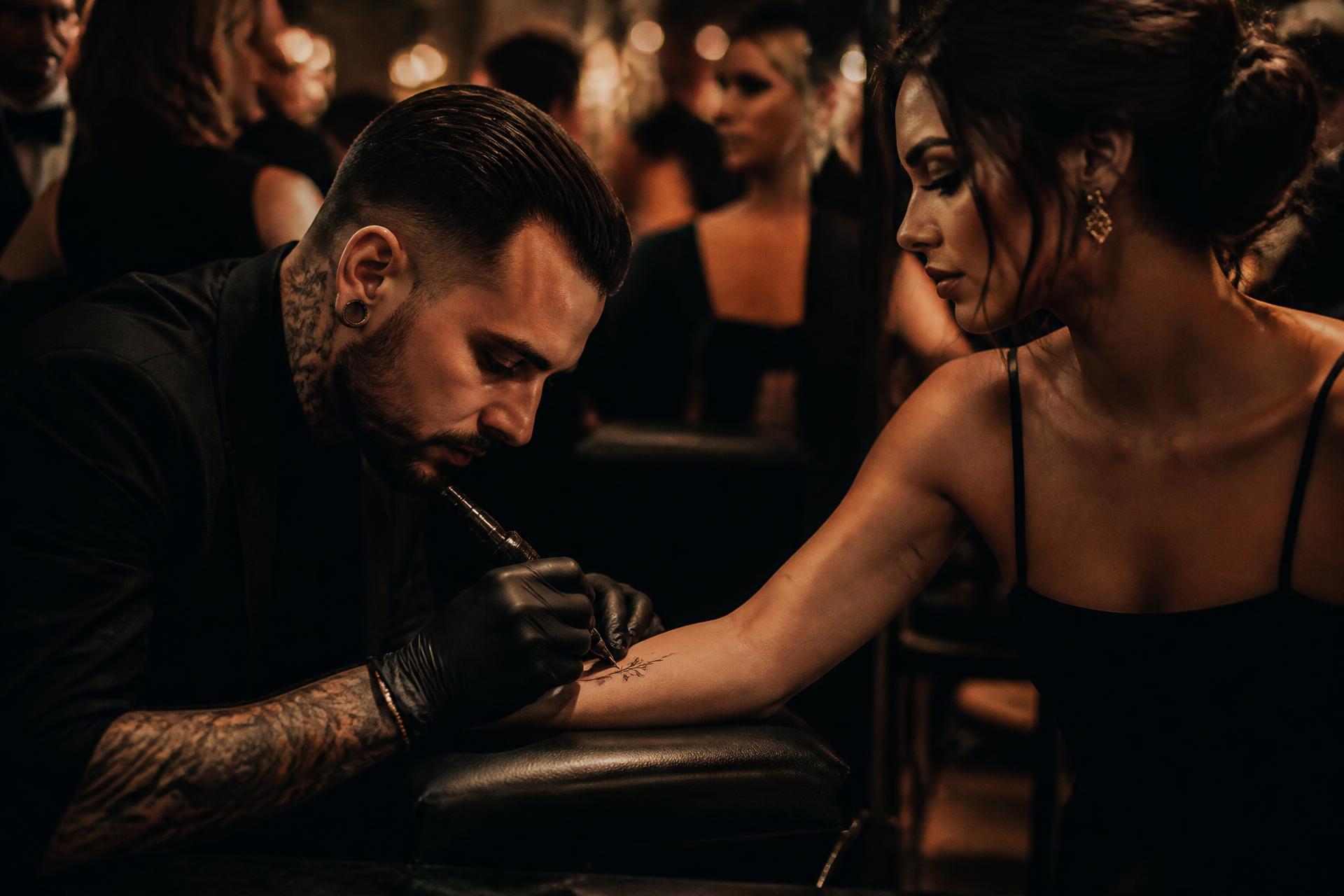 Tatuador realizando uma tatuagem delicada em uma convidada durante um evento sofisticado